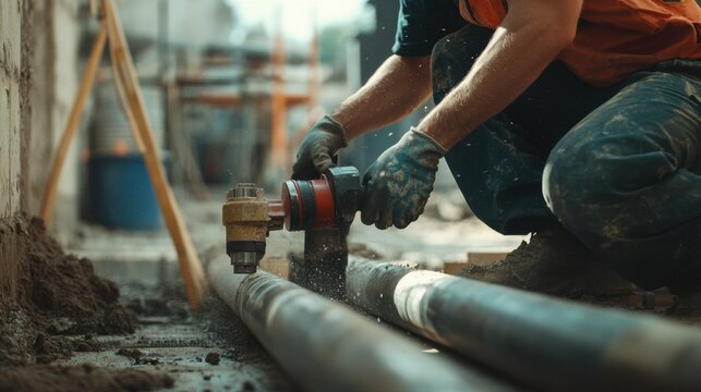 Construction worker cutting pipes at a building site. Featuring skill and accuracy