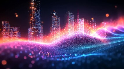 Futuristic city skyline with digital waves. Abstract representation of a modern metropolis, overlaid with vibrant, glowing network patterns. Dynamic and energetic visuals - Powered by Adobe
