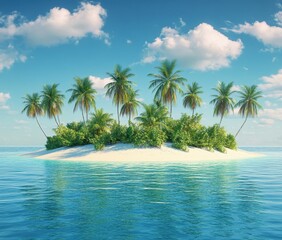 Obraz premium Tranquil Tropical Paradise Island Surrounded by Crystal Clear Water and Blue Sky with Fluffy Clouds for Relaxation and Vacation Themes