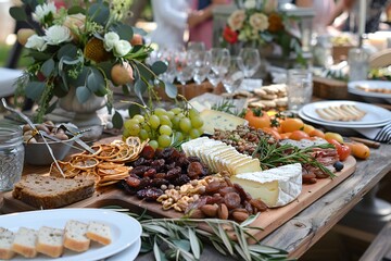 Bohemian style outdoor gathering with a platter of dried fruit cheese and nuts on a rustic wooden table