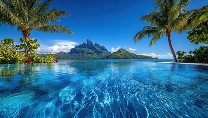 Tranquil tropical paradise with crystal clear swimming pool overlooking serene mountain landscape under bright blue sky and lush palm trees