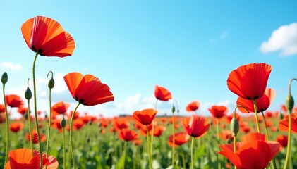 Vibrant red poppies dancing in the wind under clear blue skies, vibrant, nature