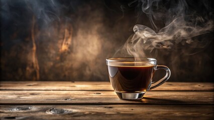 Fototapeta premium Aromatic Steam Rising From a Glass of Dark Coffee on Rustic Wooden Table