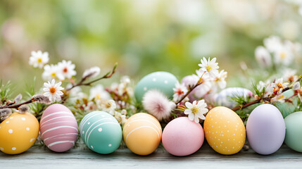 Fototapeta premium Colorful Easter Eggs in a Row with Floral Accents on a Rustic Wooden Surface outdoors