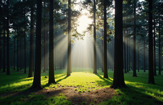Sunlight filters through pine trees, misty forest glowing in peace.