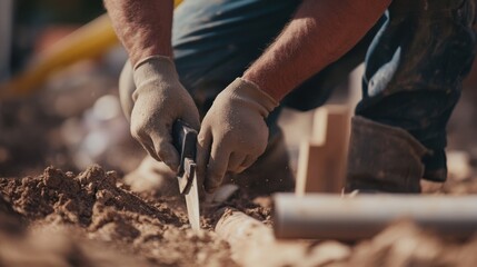 Construction worker cutting pipes at a building site. Featuring skill and safety