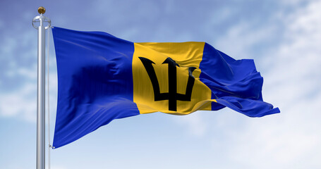 Barbados national flag with Broken Trident waving in sky. 3D render