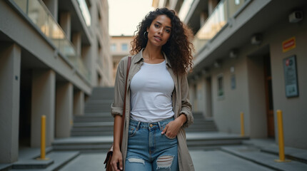 Obraz premium Beautiful woman is on the stairs.