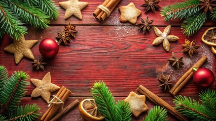 Festive Holiday Season Background Featuring Star-Shaped Cookies, Cinnamon Sticks, and Evergreen Branches on Rustic Red Wood