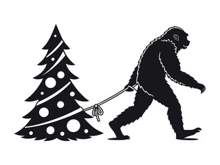 Bigfoot Silhouette Dragging Christmas Tree Vector Illustration