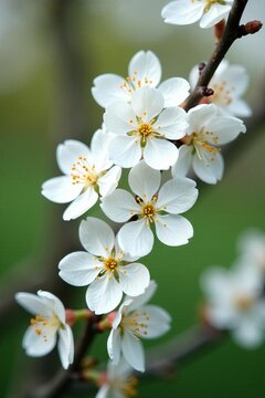 Fototapeta Close-up of delicate white plum tree blossoms on branches in springtime, nature, spring