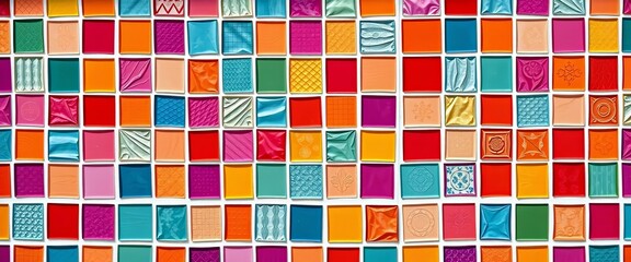 Vibrant square mosaic tiles with clean white border, ample empty space, empty, square