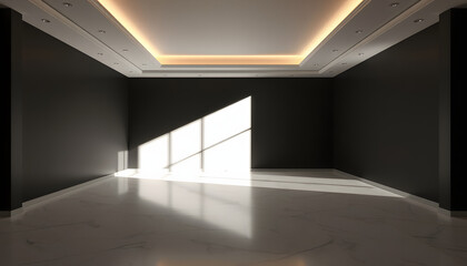 Dim, desolate opulent hall with shadowy walls, silhouette. with white shades