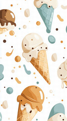 Fototapeta premium Pixel Ice Cream Cone Pattern with Pastel Hues on White Background for Dessert Themed Decor Retro Style Seamless Design and Summer Aesthetic