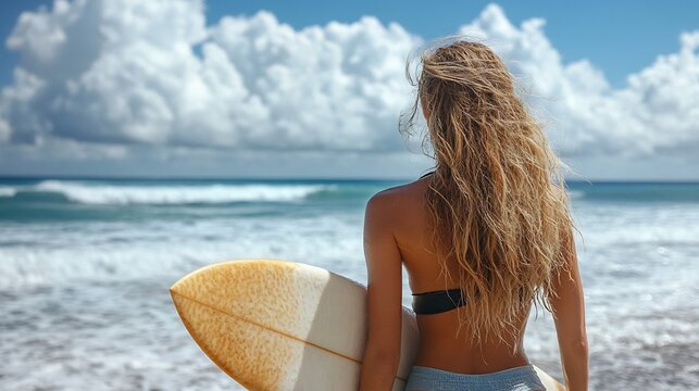 Surfer Girl on Beach Ocean View.