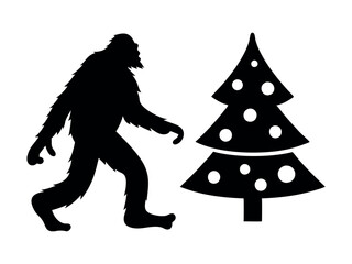 Bigfoot Silhouette Dragging Christmas Tree Vector Illustration