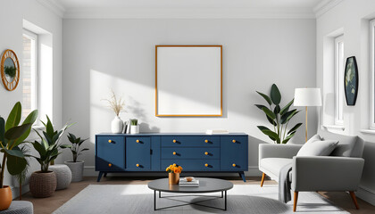 Fototapeta premium Chic Scandinavian-inspired living room featuring a mock-up poster frame, deep navy blue dresser, lush greenery, a stylish clock, and sophisticated accents. Contemporary home styling. Interior design
