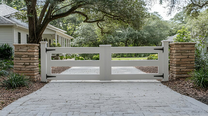 Fototapeta premium White Double Gate With Stone Pillars In A Modern Home Exterior Design