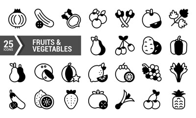 25 Lineal Fill Icons of Fruits and Vegetables.