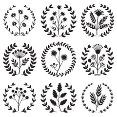 Set of circle floral frame with black silhouettes of meadow herbs. Floral wreaths. Element design. Vector illustration. with white background