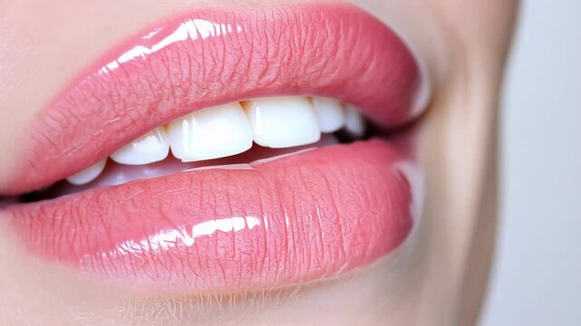 Capturing beautiful female lips adorned with pink lipstick and glossy shine, revealing perfect white teeth while emphasizing the artistry of beauty and cosmetology