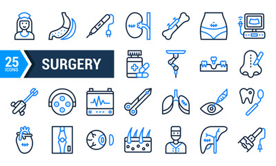 25 Blue Line Icons for Medical Surgery and Healthcare.