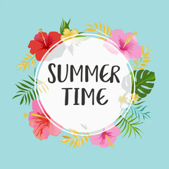 Colorful floral wreath with the text hello Summer in the center
