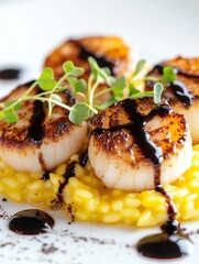 Grilled Scallops on Risotto with Balsamic Glaze Delicious Seafood Dish