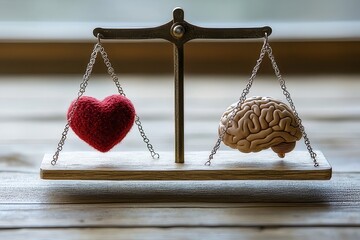 Balancing emotion and logic with heart and brain figurines on a scale in natural light