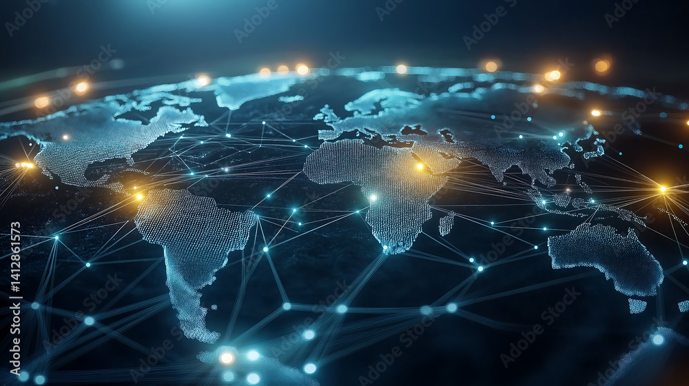 Wall mural global network connection digital world map technology background
