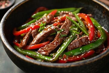 Close-up of beef stir-fry with bell peppers and snap peas in a savory soy-based sauce clean and professional composition, copy space, natural color, minimalism, stock photography
