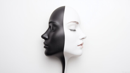 Mannequin head split between monochrome hues, revealing stark contrast between light and dark, representing psychological complexity and inner tension