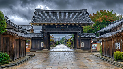 Fototapeta premium Traditional Wooden Gate In A Japanese Village On A Rainy Day
