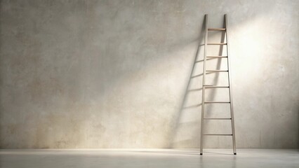 A simple stepladder stands against a textured wall bathed in sunlight, offering a minimalist interior design concept.