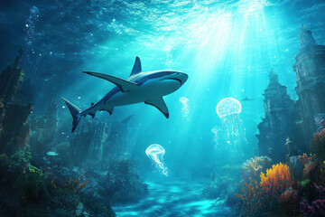 Explore a mesmerizing underwater scene with glowing coral reefs and ethereal jellyfish. Bioluminescent light creates a serene, vibrant marine habitat, showcasing nature's aquatic beauty.