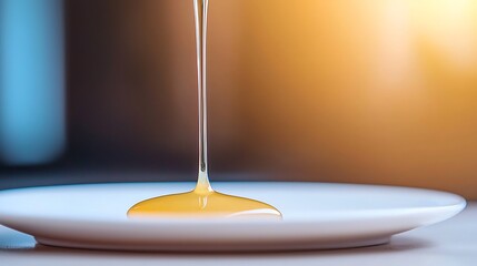 Sweet golden liquid flowing onto a white plate, illuminated with warm light. Detailed view