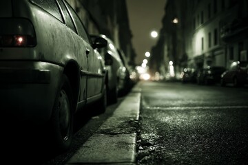 Calle oscura y lluviosa con coches aparcados. Luces borrosas en la distancia. Ambiente misterioso y sombrío.