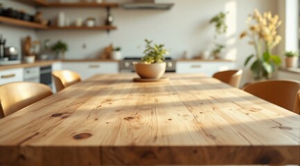 Flawless wooden surface in the foreground with a cozy, blurred kitchen behind, illuminated evenly by natural light to bring out its rich texture.