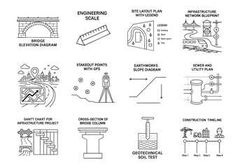 Construction infrastructure highway blueprint concept. Illustrations of engineering diagrams and construction blueprints.