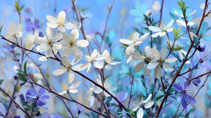 Delicate White and Purple Flowers on a Soft Blue Background