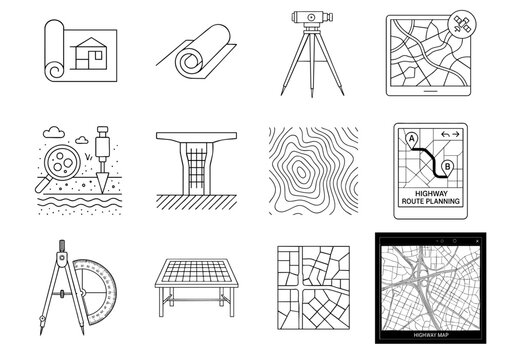 Construction infrastructure highway blueprint concept. Line drawings of construction and planning tools and maps.