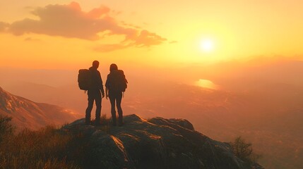 A couple stands atop a mountain peak, admiring a breathtaking sunset with their backpacks, creating a perfect adventure moment.