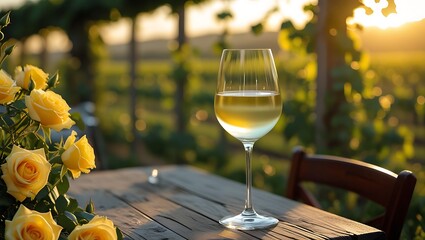 Glass of white wine, garden setting, golden hour sunlight, bokeh background, yellow roses, wooden table, romantic atmosphere, vineyard, summer evening, soft focus, warm tones, outdoor wine tasting, id