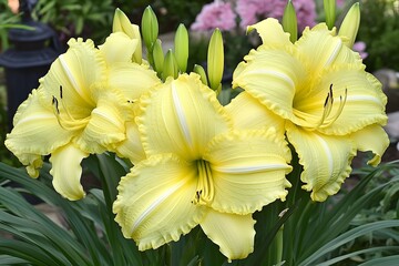 Obraz premium Beautiful Yellow Daylily Blooms in Garden