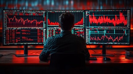 Trader Analyzing Stock Market Data Red Screens.