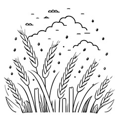 Doodle Field of Wheat and Cloudy Sky Artwork