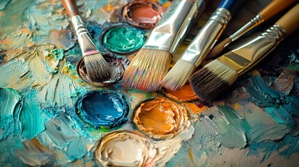 Fototapeta premium Palette and Brushes: An artist's colorful journey into the world of fine art
