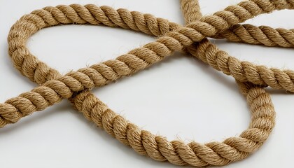 a close-up view of a coiled tan rope against a white background creates a simple and textured composition.