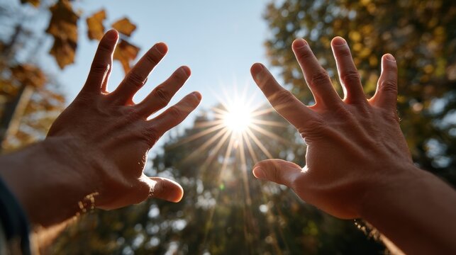 Hands blocking sun warm natural light