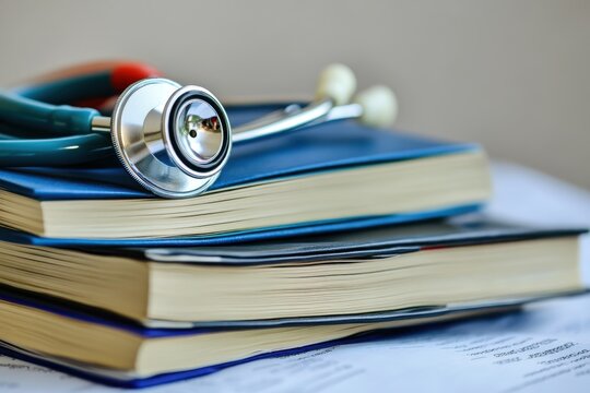 Stethoscope resting on medical textbooks in a study area during daylight